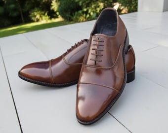 Brown Cap Toe Oxford Shoes Men Handmade Leather Formal Office Wedding Dress Shoes