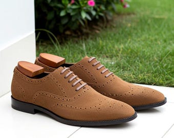 Tan Brown Wingtip Brogue Oxford Shoes Men Handmade Leather Designer Formal Dress Shoe