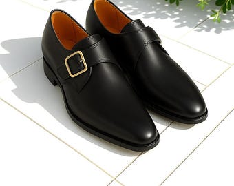 Black Monk Strap Shoes Men Gold Buckle Handmade Leather Slip On Dress Shoes