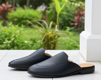 Black Leather Backless Mules Men Handmade Slip On Luxury Loafers Minimal Dress Shoes