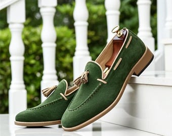 Handmade Green Suede Tassel Loafers for Men | Luxury Casual Dress Shoes
