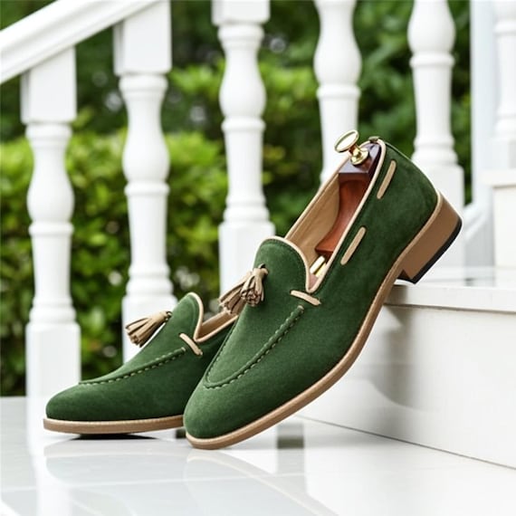 Handmade Green Suede Tassel Loafers for Men | Luxury Casual Dress Shoes