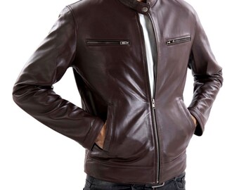 Distressed Brown Sheep Leather Biker Jacket - Vintage Moto Coat