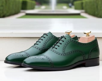 Handmade Green Leather Oxford Brogue Shoes | Men’s Formal Lace-Up Dress Shoes