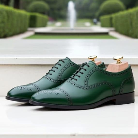 emerald green dress shoes men Handmade Leather Oxford Brogue | Men's Formal Lace-up Shoes Dark Brown Sleeveless Button mlksale23 Suede shoes durable and soft Color:Pink Herringbone