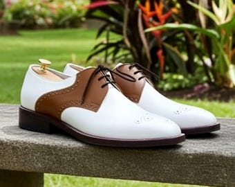 Luxury Men's Brown & White Brogue Shoes - Handmade Leather Dress Shoes