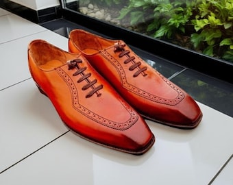 Tan Brown Leather Lace Up Shoes Men Handmade Designer Formal Dress Shoes Oxford Style