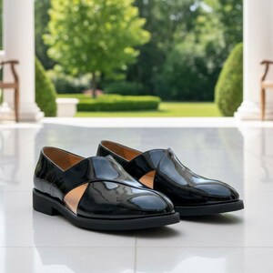 Black Patent Cutout Loafers Men Handmade Luxury Slip On Statement Dress Shoes