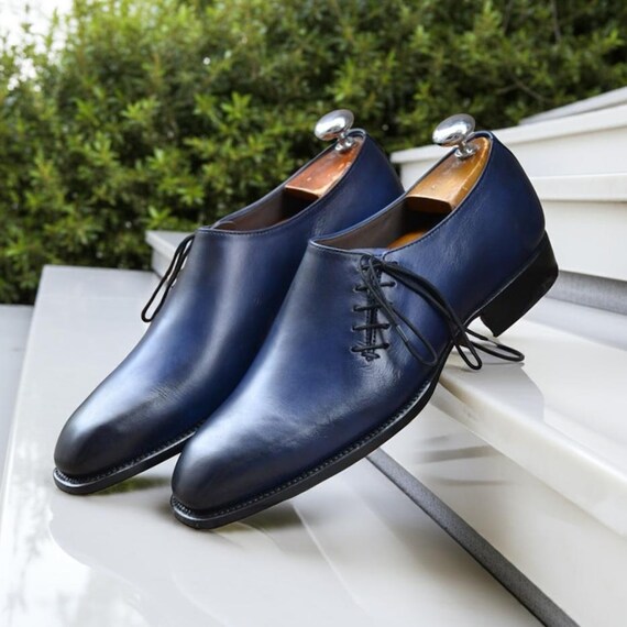 Navy Blue Wholecut Oxford Shoes Men Handmade Leather Minimal Formal Business Dress Shoes