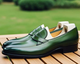 Men's Handmade Green Leather Penny Loafers – Formal Slip-On Dress Shoes
