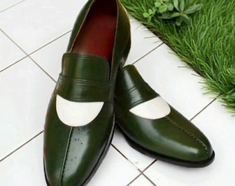Handmade Green Leather Loafers for Men | Luxury Slip-On Dress Shoes for Wedding & Business