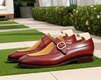 Handmade Burgundy Monk Strap Shoes | Men’s Formal Leather Buckle Dress Shoes