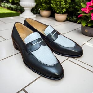 Handmade White and Black Leather Penny Loafer Slip on Shoes for Men Two Tone Dress Shoes