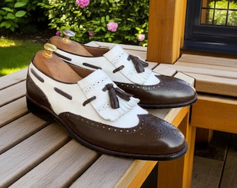Brown White Fringe Loafers Men Handmade Leather Slip On Dress Shoes Tassel Style