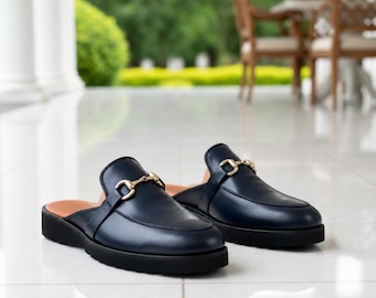 Marineblauwe leren Horsebit-muiltjesloafers heren luxe instapschoenen zonder rug, handgemaakt