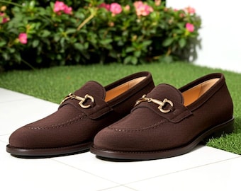 Brown Suede Horsebit Loafers Men Handmade Slip On Leather Formal Dress Loafers