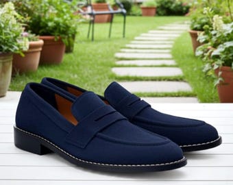 Niebieskie zamszowe mokasyny Penny Loafers męskie ręcznie robione, wsuwane, luksusowe, formalne buty