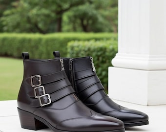 Men's High Heel Zipper Dress Boots, Black Leather Handmade, Cuban Heel  Ankle - Etsy