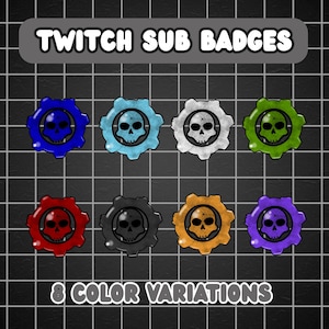 Puede incluir: Ocho insignias de suscripción de Twitch coloridas con un diseño de calavera dentro de una forma de engranaje. Las insignias vienen en varios colores, incluyendo azul, azul claro, blanco, verde, rojo, negro, naranja y morado. Se muestra el texto "TWITCH SUB BADGES" y "8 COLOR VARIATIONS".