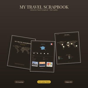 May include: A digital travel scrapbook with a dark leather theme, featuring three pages with world maps, country-specific templates, and photo placeholders. The text reads MY TRAVEL SCRAPBOOK, Interactive Travel Scrapbook - Dark Leather, 175 Countries, and Fillable PDF.