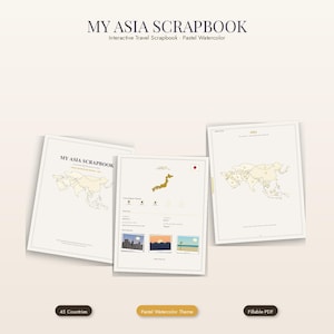 Peut inclure: Un carnet de voyage interactif numérique intitulé MY ASIA SCRAPBOOK avec un thème aquarelle pastel. L'ensemble comprend trois pages présentant des cartes de l'Asie et du Japon, des détails de voyage et de petites illustrations dans des tons beige.
