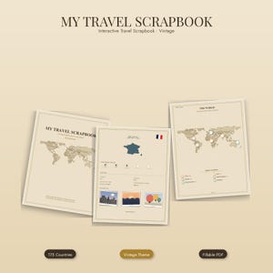 May include: A digital travel scrapbook set featuring a beige color palette. The pages include a world map, a France-themed page with a map and flag, and a world map with circular markers. Text includes MY TRAVEL SCRAPBOOK and 175 Countries.