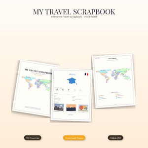 May include: A digital travel scrapbook with three pages displayed. The title reads MY TRAVEL SCRAPBOOK. One page shows a world map with pastel-colored continents, another features a map of France, and the third displays a world map with a legend.