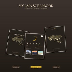 Peut inclure: Un carnet de voyage interactif marron foncé intitulé MY ASIA SCRAPBOOK. L'ensemble comprend trois pages présentant une carte de l'Asie, une page détaillée pour le Japon avec un drapeau et des emplacements photo, et une carte avec des épingles jaunes.