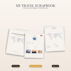 May include: Three pages from a digital travel scrapbook featuring pastel watercolor illustrations. The pages display a world map, a map of France with the French flag, and a world map with a legend. Text includes MY TRAVEL SCRAPBOOK and THE WORLD.