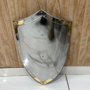 Puede incluir: Un escudo plateado pulido con la parte superior puntiaguda y la inferior redondeada. El escudo tiene un borde dorado a lo largo de los bordes, con remaches decorativos. El escudo es probablemente de metal y est&aacute; dise&ntilde;ado para la protecci&oacute;n.