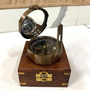 Brass Brunton Compass with Wooden Box: Vintage Nautical Surveying Transit