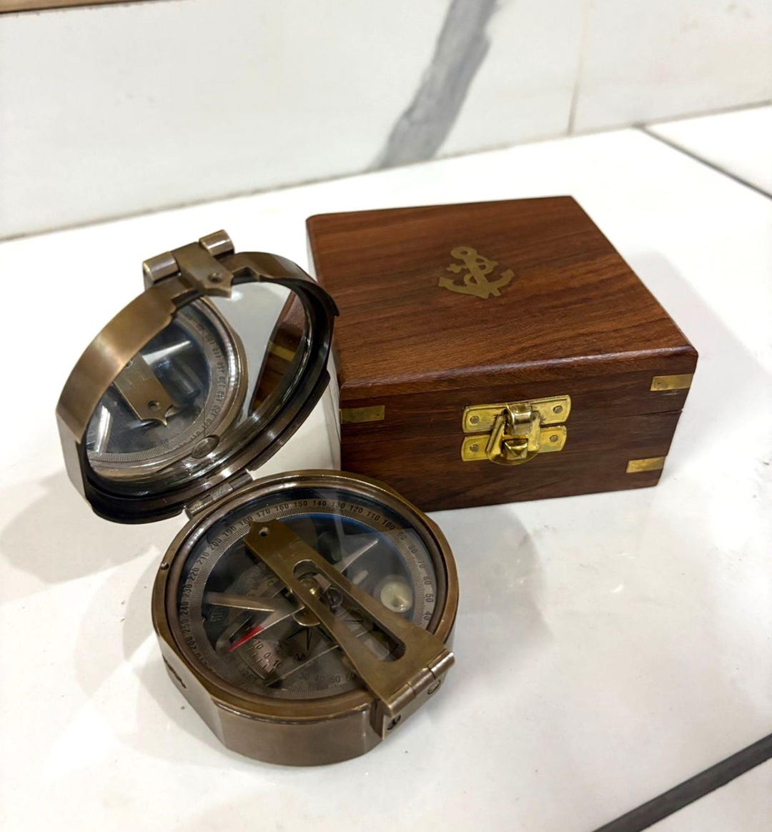 Compass Brown Vintage Style Brass Brunton Compass - Royal Navy, Handmade Wooden Box ...
