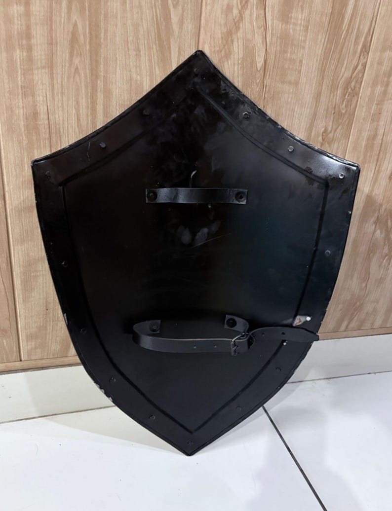 Pu&ograve; includere: Uno scudo nero con la parte superiore a punta e i lati curvi. Il retro dello scudo presenta due cinghie in pelle e una fibbia per fissarlo. Lo scudo &egrave; in metallo e ha una finitura lucida.
