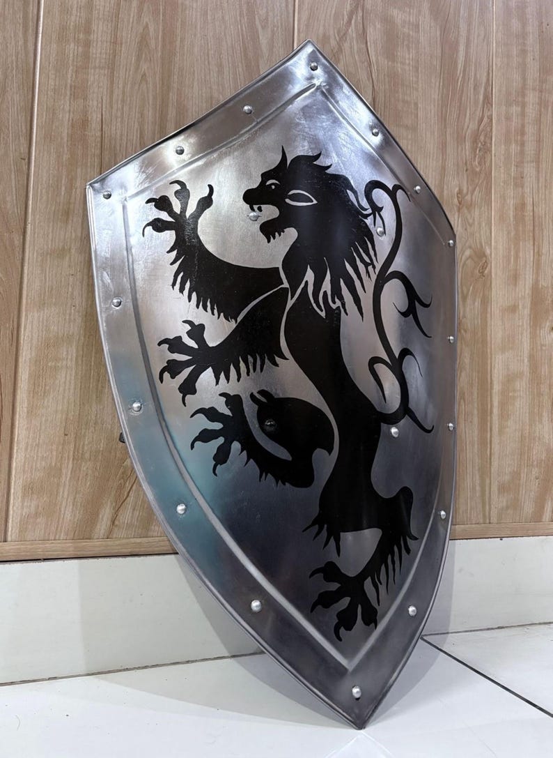 Pu&ograve; includere: Uno scudo color argento con un emblema di leone nero. Lo scudo ha una parte superiore arrotondata e una inferiore a punta, con rivetti lungo i bordi. Il leone &egrave; raffigurato in stile araldico.