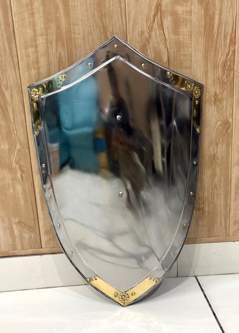 Puede incluir: Un escudo plateado pulido con un borde dorado y remaches decorativos. El escudo tiene un dise&ntilde;o medieval cl&aacute;sico, con una superficie ligeramente curvada y una parte inferior puntiaguda. El borde dorado presenta detalles ornamentados.