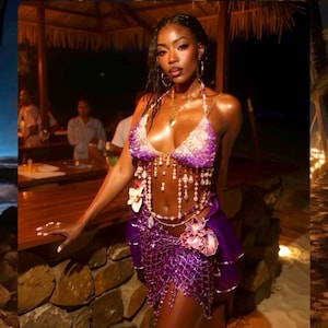 Violet Crystal Body Chain Beadedtop  mermaid top Summeroutfit handmade crystal top beaded festival top summer rave top boho beaded crop