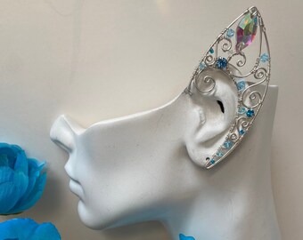 Sterling Silber Draht Elfenohren mit Marquise und Aqua Blue Kristallen - Fancy