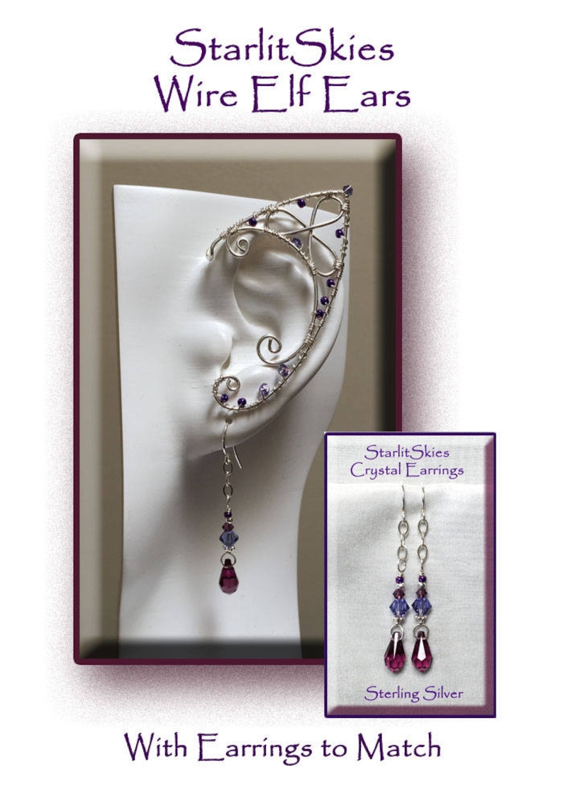 Trinity Style Wire Elf Ears with Amethyst Crystal Teardrop Earrings to Match crafted in Sterling Silver