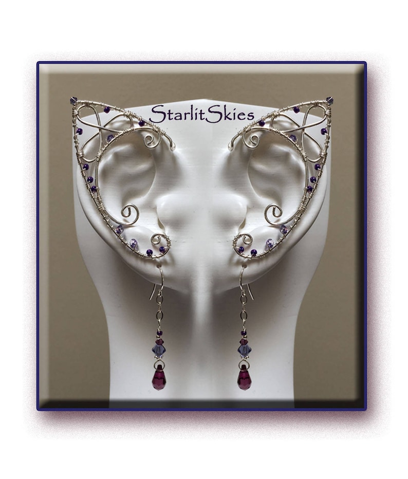Trinity Style Wire Elf Ears with Amethyst Crystal Teardrop Earrings to Match crafted in Sterling Silver