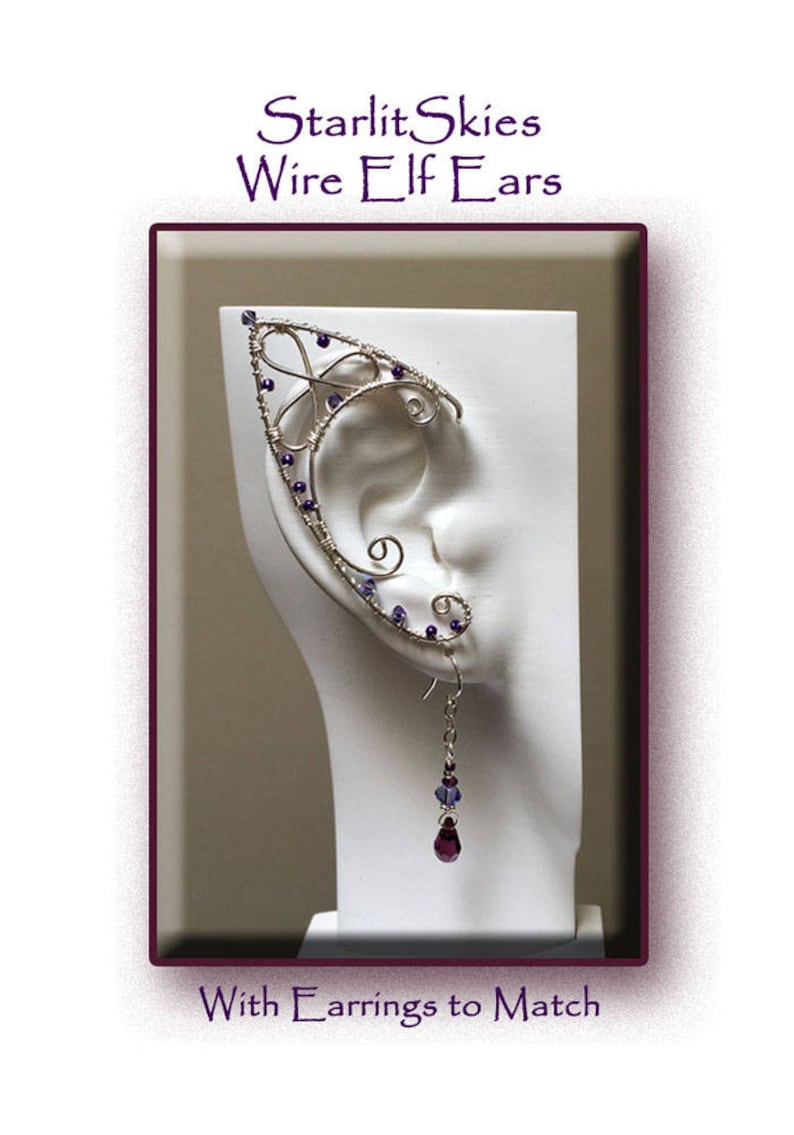 Trinity Style Wire Elf Ears with Amethyst Crystal Teardrop Earrings to Match crafted in Sterling Silver