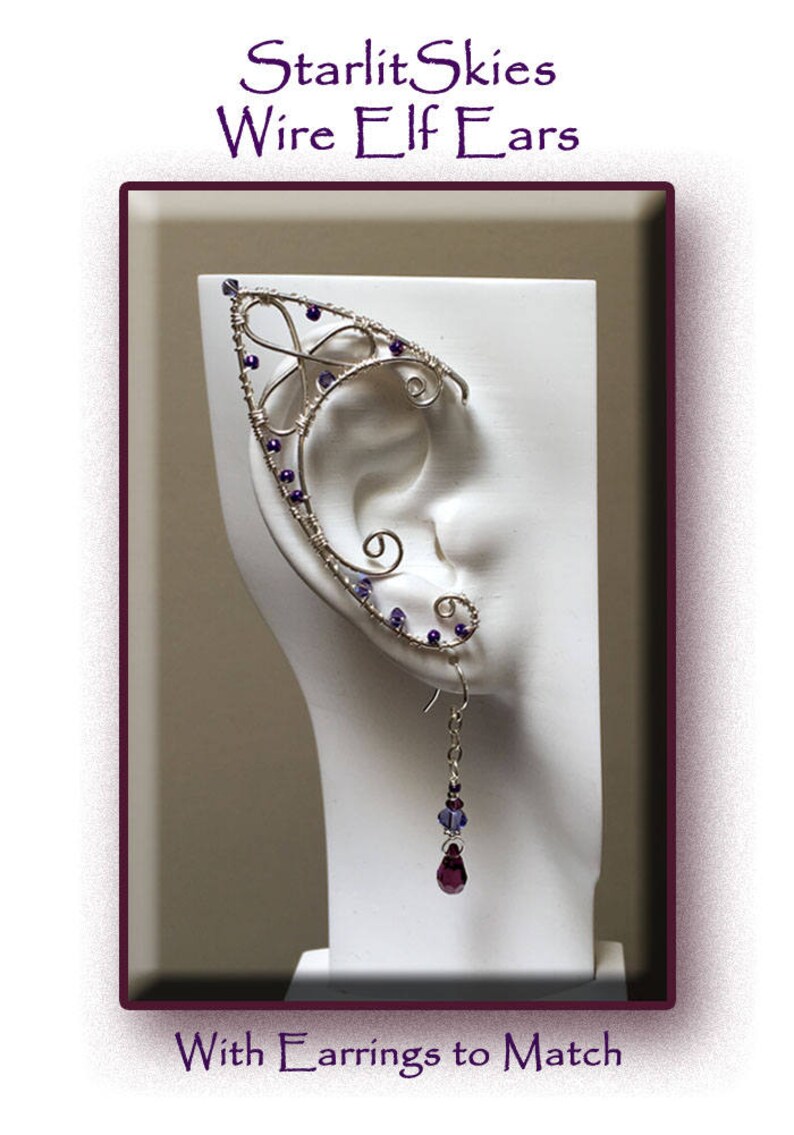 Trinity Style Wire Elf Ears with Amethyst Crystal Teardrop Earrings to Match crafted in Sterling Silver