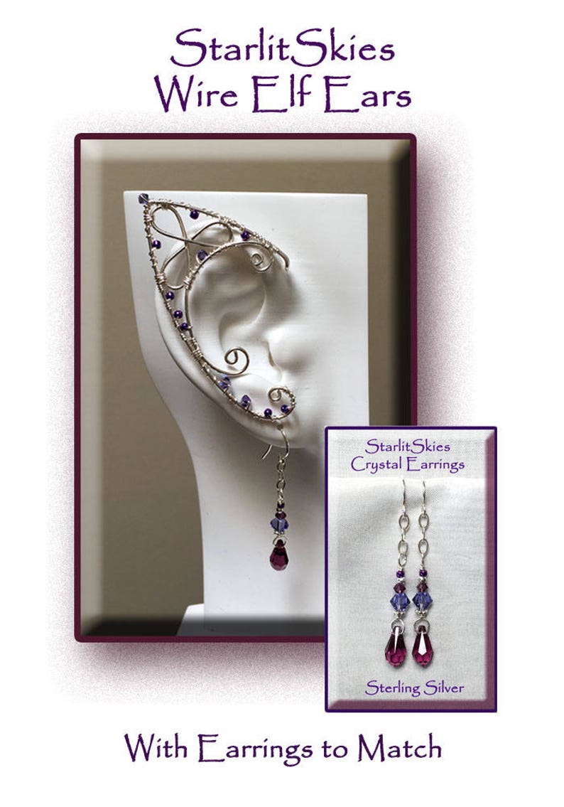 Trinity Style Wire Elf Ears with Amethyst Crystal Teardrop Earrings to Match crafted in Sterling Silver