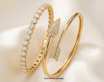 4mmラウンドカットモアッサナイトテニスブレスレット、14Kイエローゴールドのダイヤモンドアローバングル、普段使いのトレンディなカジュアルバングル、バイパスバングル