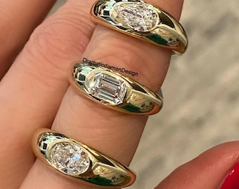 クラシックシグネット結婚指輪、8 x 6 mm イースト・トゥ・ウエスト ペアカット 無色モアッサナイト ダイヤモンドリング、オーバルカット メンズリング、エメラルドカット 誕生日プレゼント