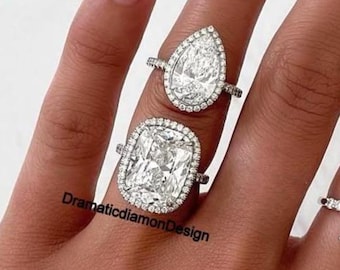 14 x 10 mm 細長いクッションカット モアッサナイト ダイヤモンド リング、4カラット ペアカット ハロー パヴェセッティング 14K ホワイトゴールド リング、大粒ダイヤモンド ソリティア リング