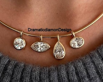 2.5カラットの横長オーバルカットモアッサナイトペンダント、シグネチャーベゼルセットティアドロップペンダント、チェーンなしマーキスペンダント、14Kゴールドラウンドペンダント