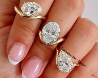 13 x 9 mm オーバルカット モアッサナイト ベゼル プロングセッティング ソリティアリング、オフサイド ペアカット ダイヤモンドリング、カーブバンド 14K イエローゴールドリング、ギフト