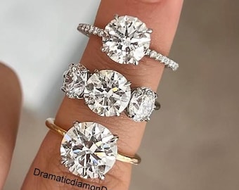 9mmラウンドカットモアッサナイトダイヤモンドソリティアリング、5.35 TCWラウンドカットスリーストーンエンゲージリング、パヴェアクセント付きソリティアウェディングリング