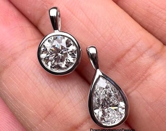 8mmラウンドカットモアッサナイトダイヤモンドペンダント、ティアドロップペアカットベゼルセットチェーンなしペンダント、14Kホワイトゴールドタイニーペンダント、彼女へのギフト