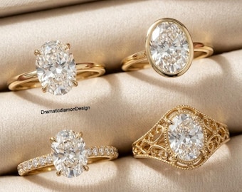 アールデコデザイン 10 x 8 mm オーバルカット モアッサナイトリング、ベゼルセッティング ダイヤモンドリング 1.25カラット ダイヤモンドソリティア ハーフパヴェリング、14金イエローゴールド